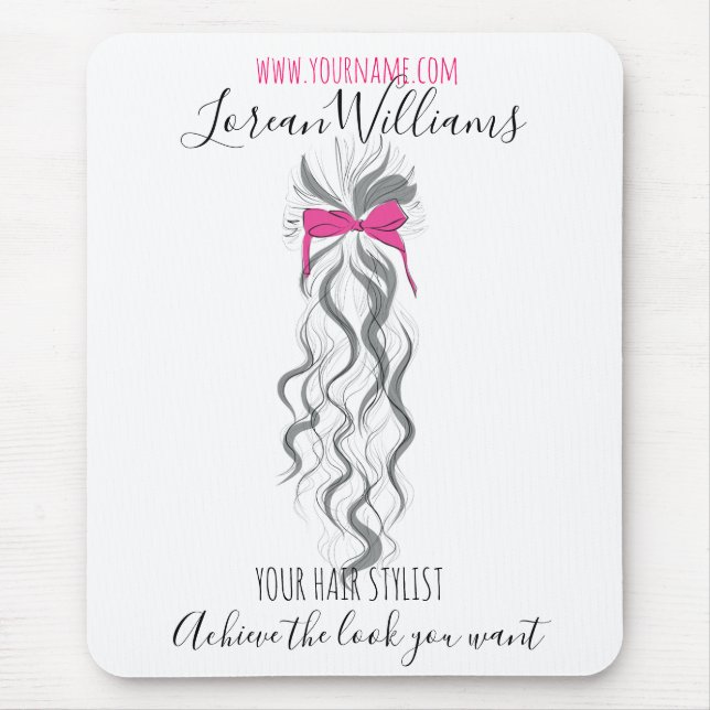 Cute Pink Bow Grey and White Braider Hair Styling  Mouse Pad (Front)