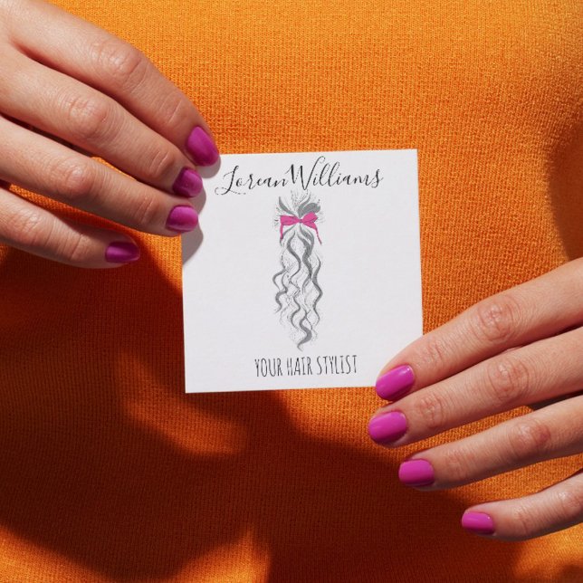 Cute Pink Bow Grey and White Braider Hair Styling  Square Business Card (Creator Uploaded)