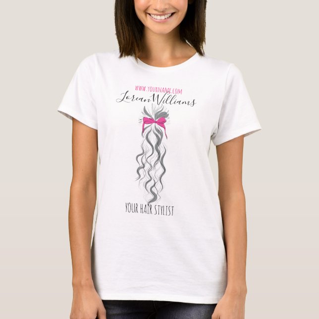 Cute Pink Bow Grey and White Braider Hair Styling  T-Shirt (Front)