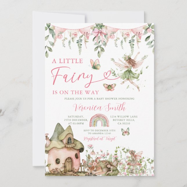 Cute Pink Bow Little Fairy Wildflowers Baby Shower Invitation (Front)