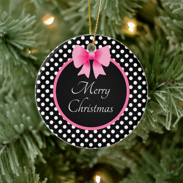 Cute Pink Bow Merry Christmas Ceramic Ornament (Tree)