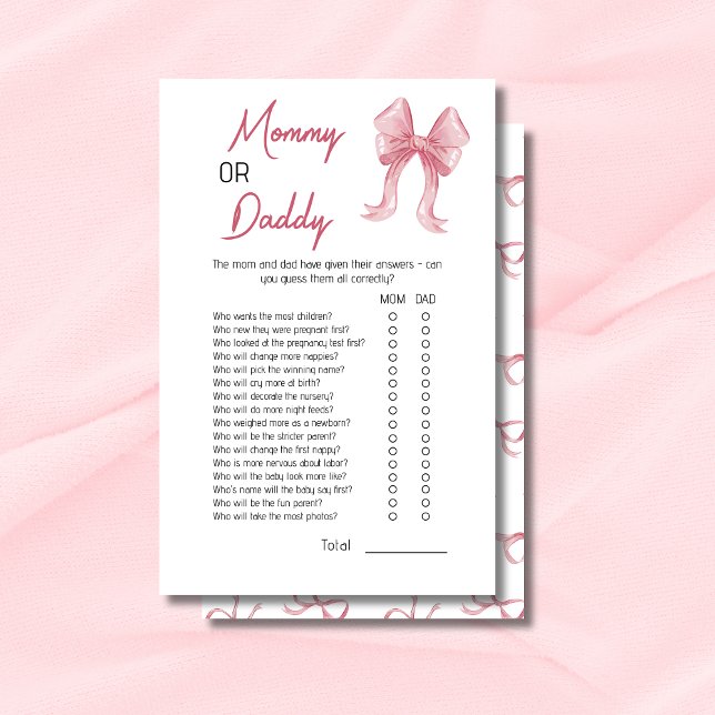 Cute Pink Bow Mummy or Daddy Baby Shower Game Card (Creator Uploaded)