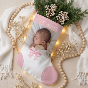 Cute Pink Bow Name & Photo Baby First Christmas Small Christmas Stocking