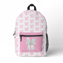 Cute Pink Bow Pattern Backpack with White Ribbon
