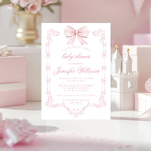Cute Pink Bow Preppy Coquette Baby Girl Shower Invitation