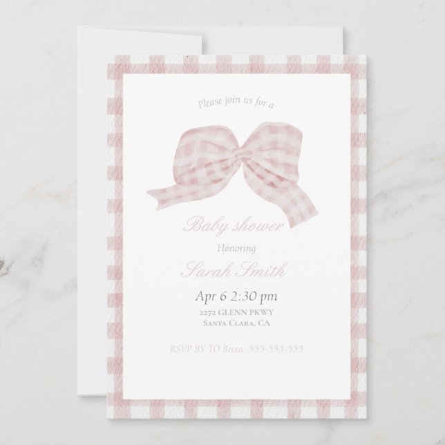 Cute pink bow ribbon baby shower invitation (Front)