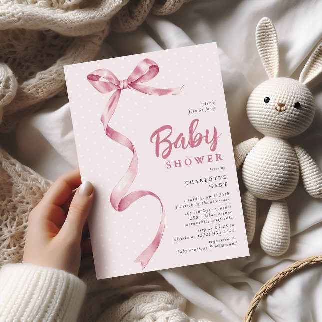 Cute Pink Bow Ribbon Girl Baby Shower Invitation (Creator Uploaded)