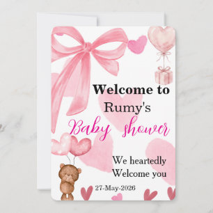 Cute Pink Bow Teddy Bear Shower Welcome Invitation