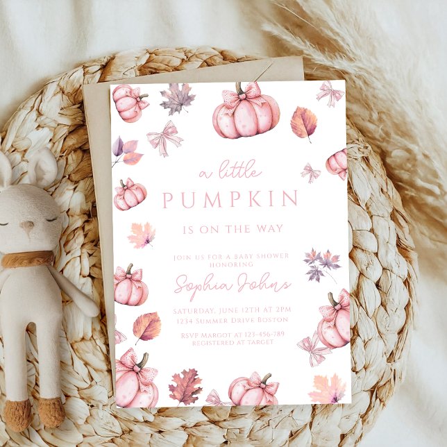 cute pink bow watercolor girl pumpkin baby shower invitation (Creator Uploaded)