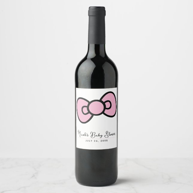 Cute Pink Bow Whimsical Baby Shower Birthday Party Wine Label (Front)