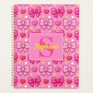 Cute Pink Bows and Hearts Personalized Monogram Planner