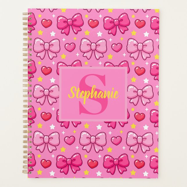 Cute Pink Bows and Hearts Personalized Monogram Planner (Front)