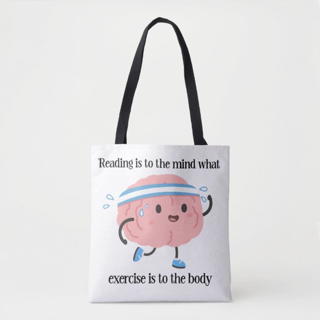 Cute Pink Brain Reading Exercise Blue Book Lover Tote Bag (Front)