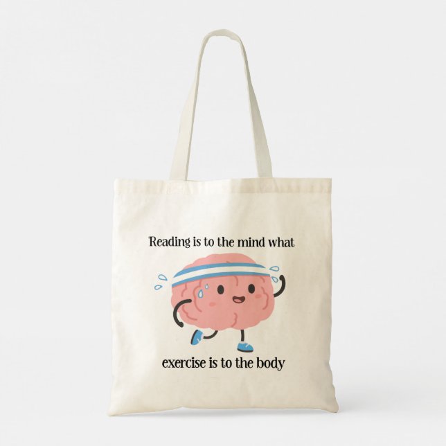 Cute Pink Brain Reading Exercise Blue Book Lover Tote Bag (Back)