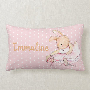Cute Pink Brown Ballerina Bunny Polka Dots Name Lumbar Cushion