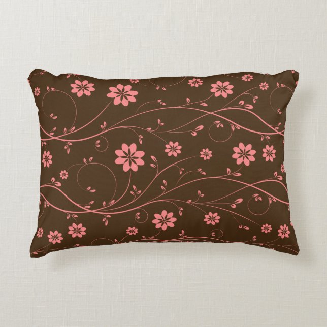 Cute Pink & Brown Delicate Floral Pattern Decorative Cushion (Front)