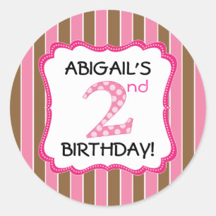 Cute Pink/Brown Girls Second Birthday Classic Round Sticker