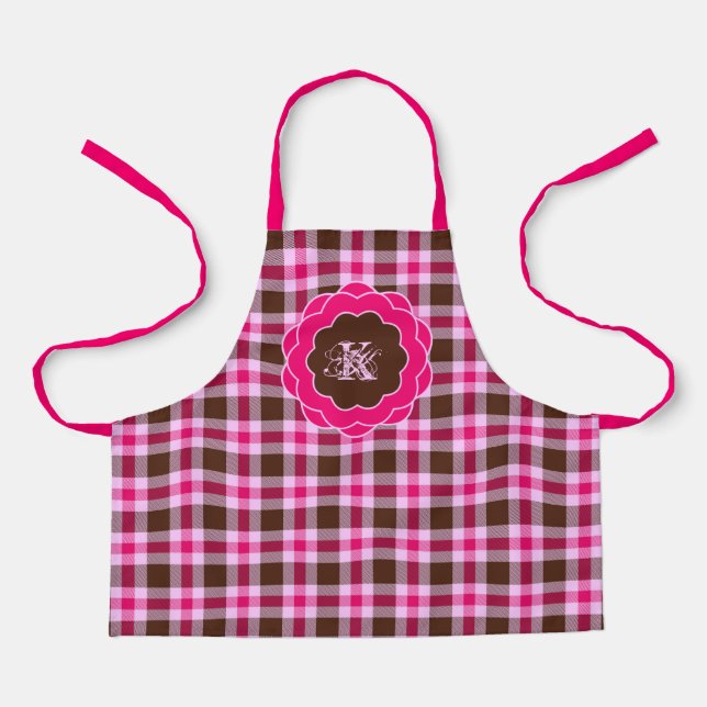 Cute Pink & Brown Plaid Monogram Scalloped Frame Apron (Front)
