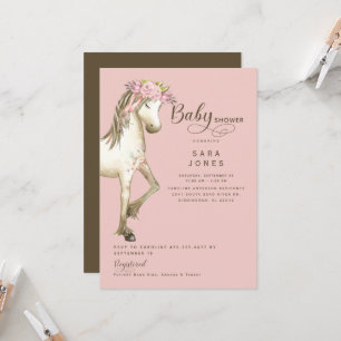Cute Pink & Brown Pony Watercolor Baby Shower  Invitation
