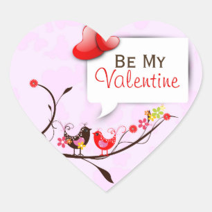Cute Pink Brown & Red Valentines Love Birds Heart Sticker