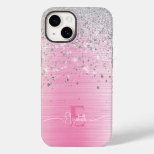 Cute Pink Brushed Metal Silver Glitter Monogram  Case-Mate iPhone 14 Case