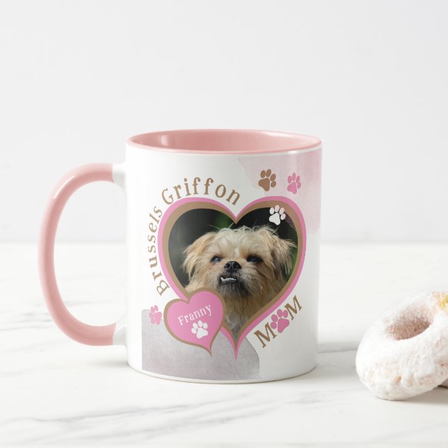 Cute Pink Brussels Griffon Dog Mum Photo and Name Mug (With Donut)