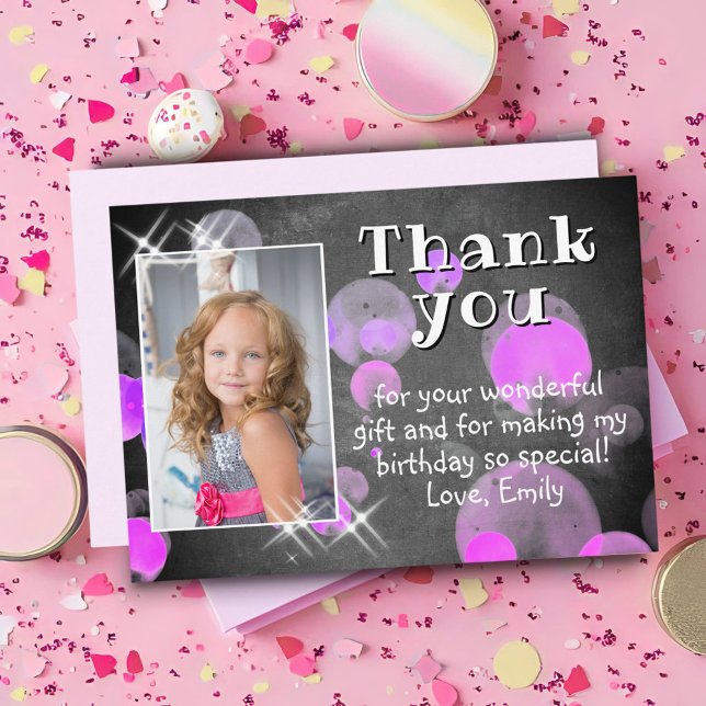 Cute Pink Bubbles Chalkboard Girl Photo Birthday Thank You Card (Creator Uploaded)