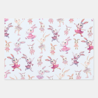 Cute Pink Bunnies Dancing Pattern Wrapping Paper Sheet