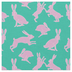 Cute Pink Bunnies on Green Background Fabric