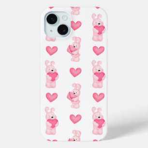 Cute Pink Bunnies with Hearts Pattern iPhone 15 Mini Case