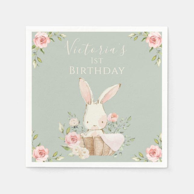 Cute Pink Bunny 1 One First Birthday Green Napkin (Front)