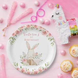 Cute Pink Bunny 1 One First Birthday Paper Plate