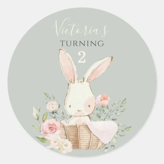 Cute Pink Bunny 2 Two Birthday Green Classic Round Sticker (Front)
