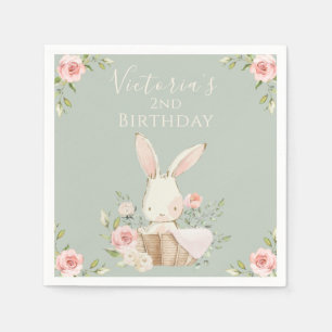 Cute Pink Bunny 2 Two Second Birthday Green Napkin