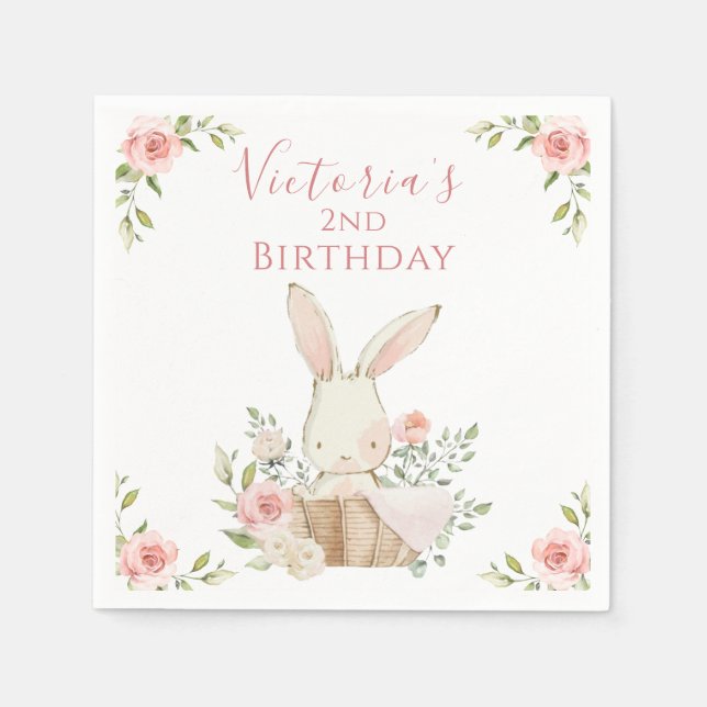 Cute Pink Bunny 2 Two Second Birthday Napkin (Front)