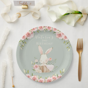 Cute Pink Bunny 2 Two Second Green Birthday  Paper Plate