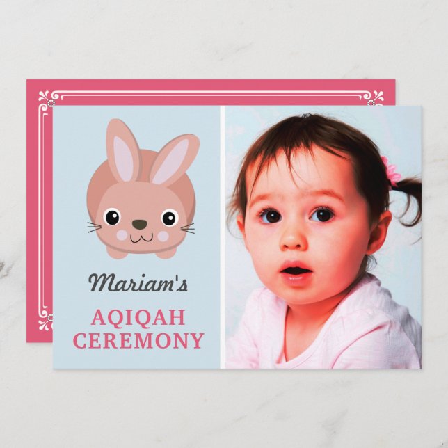 Cute Pink Bunny Baby Girl Photo Aqiqah Invitation (Front/Back)