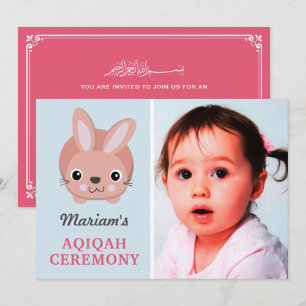 Cute Pink Bunny Baby Girl Photo Aqiqah Invitation