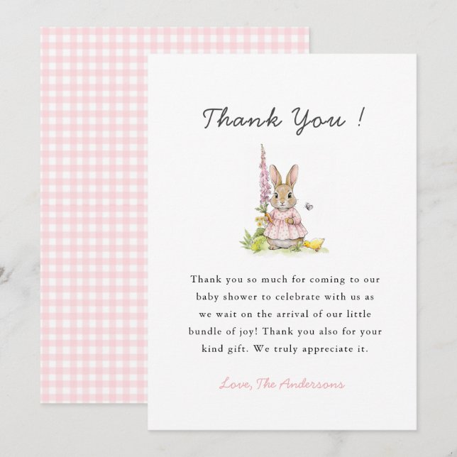 Cute Pink Bunny Baby girl shower  Thank You Card (Front/Back)