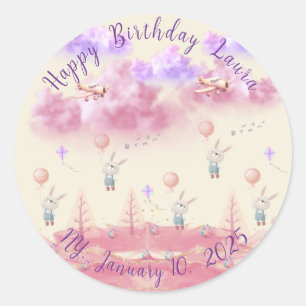 Cute pink Bunny Balloons Classic Round Sticker