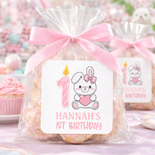 Cute Pink Bunny Candle Girls First Birthday  Square Sticker
