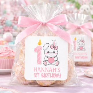 Cute Pink Bunny Candle Girls First Birthday  Square Sticker
