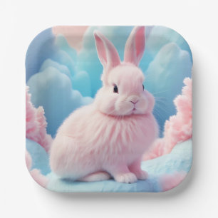 Cute Pink Bunny Cotton Candy Clouds Paper Plate