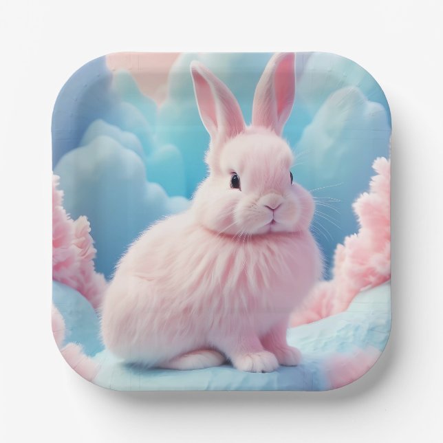 Cute Pink Bunny Cotton Candy Clouds Paper Plate (Front)