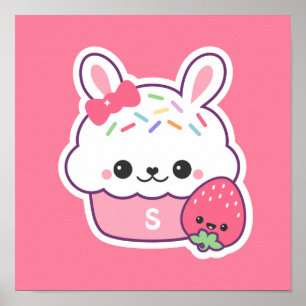 Cute Pink Bunny Cupcake Monogram Poster