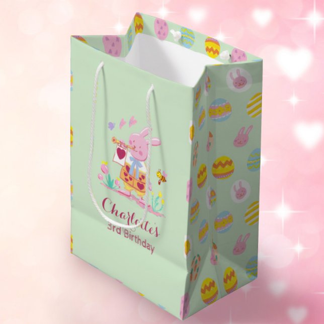 Cute Pink Bunny Egg Pattern Kids Birthday Green Medium Gift Bag (Creator Uploaded)