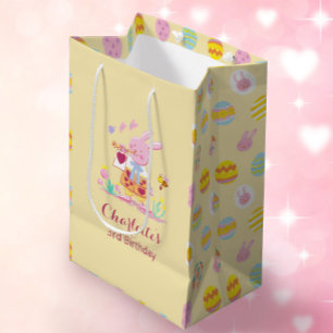 Cute Pink Bunny Egg Pattern Kids Birthday Yellow Medium Gift Bag