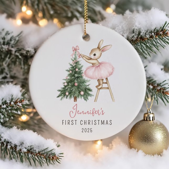 Cute Pink Bunny Girl Baby's First Christmas Ceramic Ornament (Creator Uploaded)