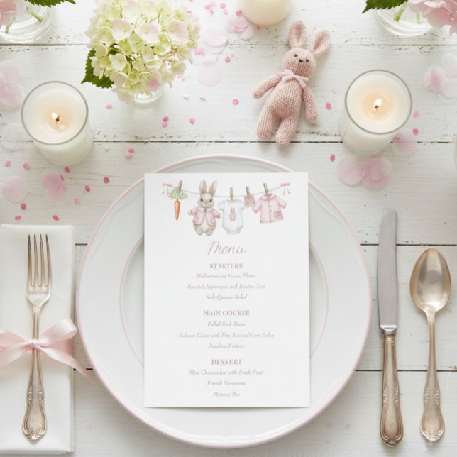 Cute Pink Bunny Girl Clothesline Baby Shower  Menu (Creator Uploaded)