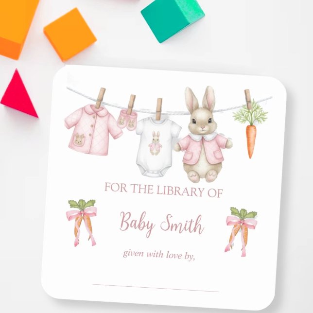 Cute Pink Bunny Girl Clothesline Book Plate Square Sticker (Creator Uploaded)